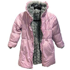 OneKid Pink Reversible Car Seat Safe Coat Size 6X Faux Fur Hooded Medium Length